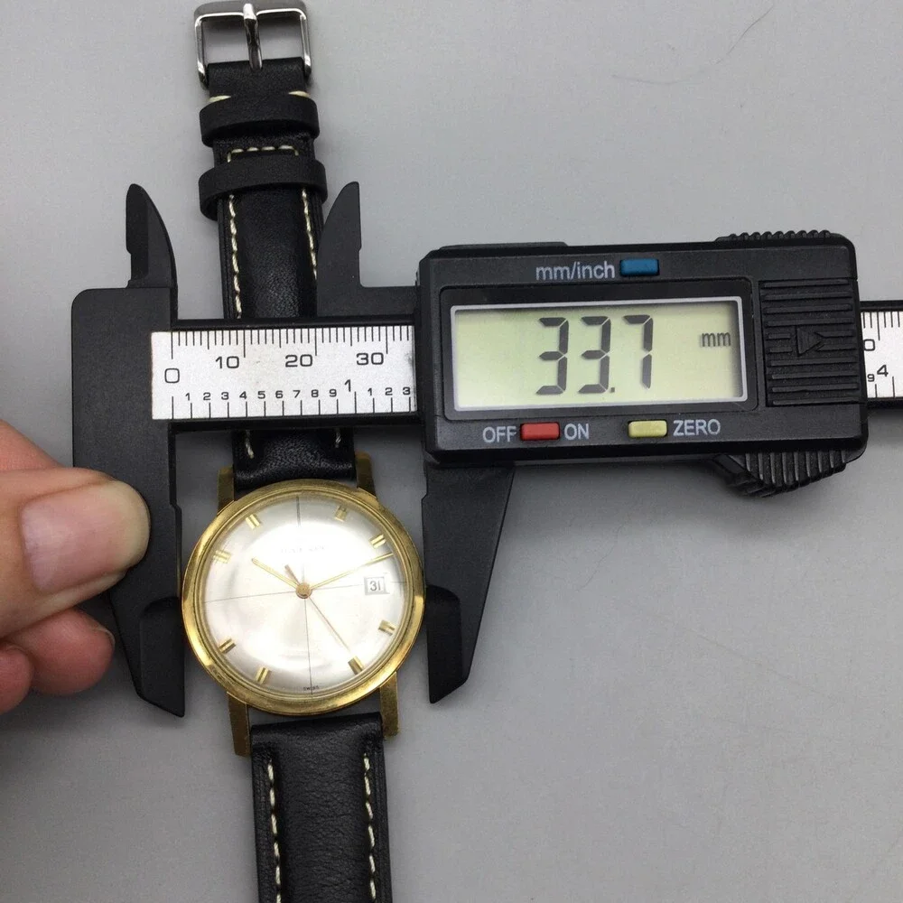 Vintage Juvenia Mens Watch 34mm Gold Plated Black Leather Automatic